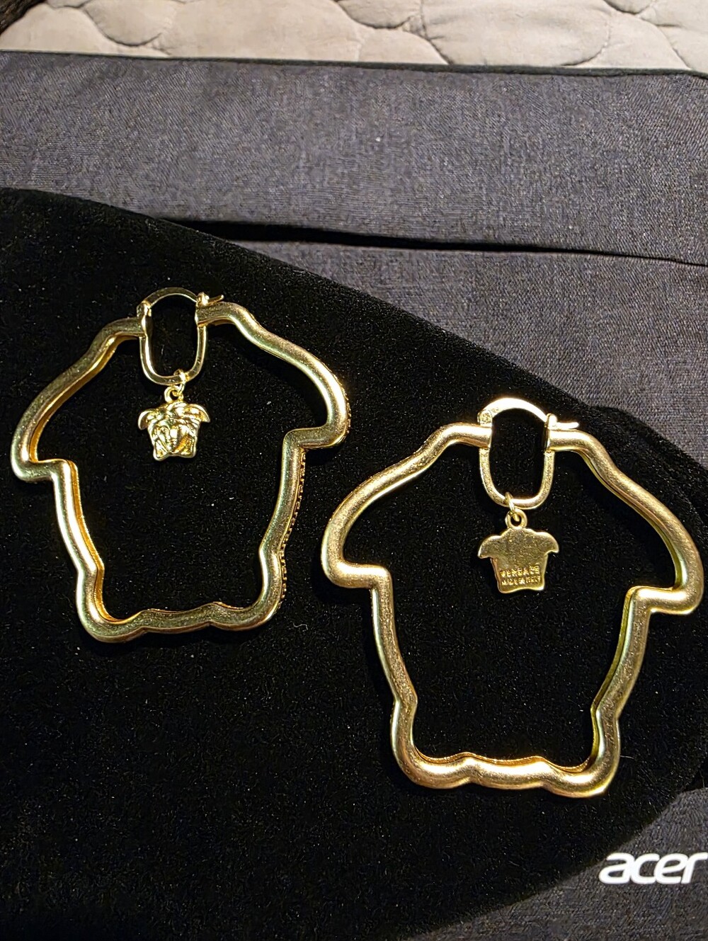 USED... VERSACE Gold Medusa Head Medium Size Hoop Earrings with Logo Charms